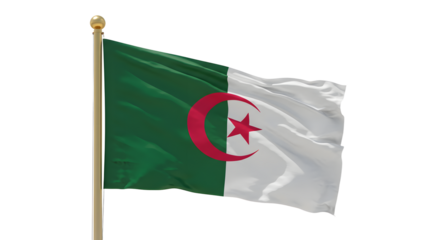 National flag of Algeria waving on flagpole isolated on white background, symbol of Algeria and patriotism