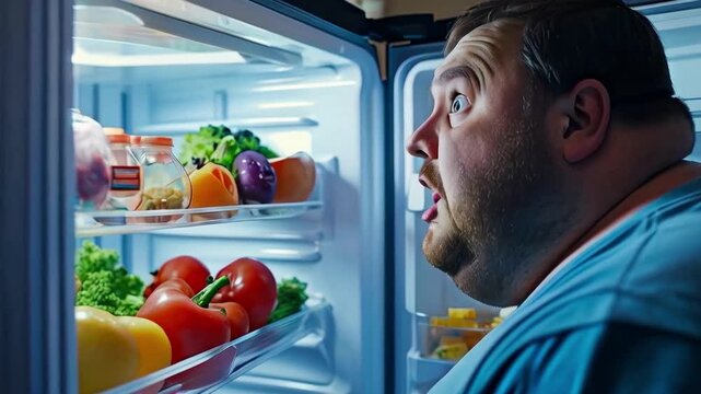 Fat obese looks into the refrigerator at night in search of food