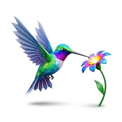 Fototapeta premium A multicolored hummingbird is drinking nectar from a blue and yellow flower