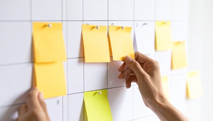 A person's hands arranging yellow sticky notes on a gridded planning board for organization and project management.