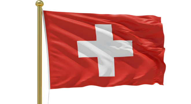 Swiss national flag waving on a flagpole with a red background and a white cross, symbol of Switzerland, perfect for travel and cultural projects