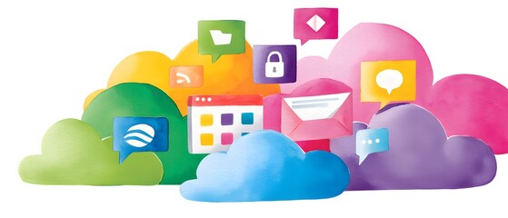 Fototapeta premium Colorful cloud-like shapes with various speech bubbles and icons, representing communication and digital interaction.