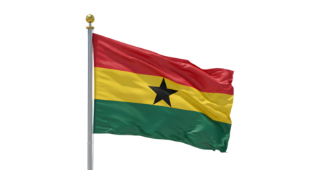 Waving flag of Ghana with black star on red, yellow, and green horizontal stripes on flagpole, isolated on white background, perfect for African or national themes