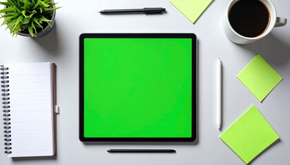 Overhead shot of a tablet with a green screen, surrounded by office supplies and a coffee cup.