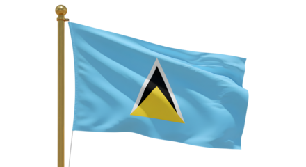Waving flag of Saint Lucia on flagpole against white background, national symbol, perfect for patriotic and travel projects