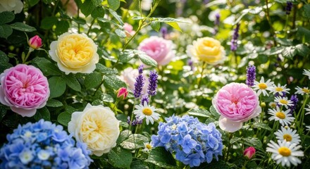 A vibrant garden scene features an array of colorful flowers in full bloom under the bright sunlight