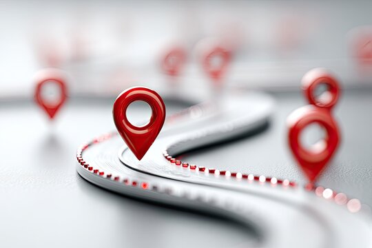 Red map pins mark a winding road