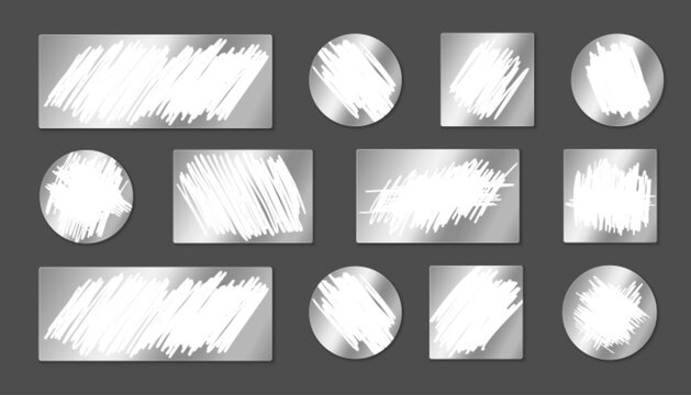 Silver scratch card lottery panels with prize areas for instant win games. Rectangular, square and circular shapes with textured surfaces for coin scratching to reveal rewards or promotional codes.