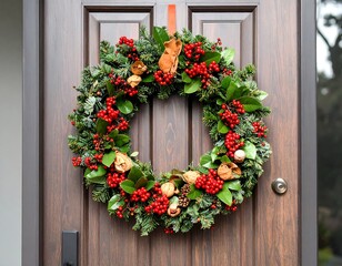 Naklejka premium A festive Christmas wreath adorned with red berries and evergreen foliage hangs on a wooden front door.