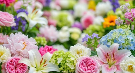 Abundant arrangement of varied flowers in full bloom forming a vibrant colorful display
