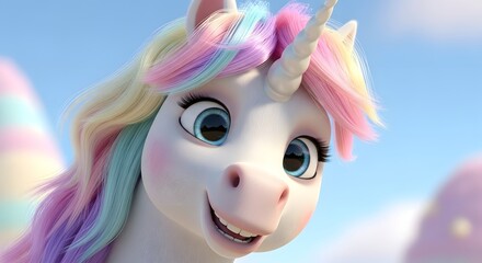 A charming unicorn with a vibrant rainbow mane and a sweet expression, surrounded by a dreamlike atmosphere filled with pastel clouds and a glowing aura, creating a serene and enchanting fantasy scene