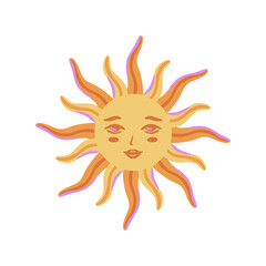 Colorful hand drawn whimsical sun with smiling serene face, radiating orange and yellow wavy rays, isolated on white background. Astrology and celestial bodies concept. Summer vector illustration