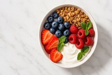 AI Generated Organic Berry Breakfast Bowl - Fresh Blueberries, Strawberries, Greek Yogurt and Granola with Mint - Healthy Lifestyle Food Photography