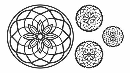 Black and white geometric floral mandala designs arranged on a white background