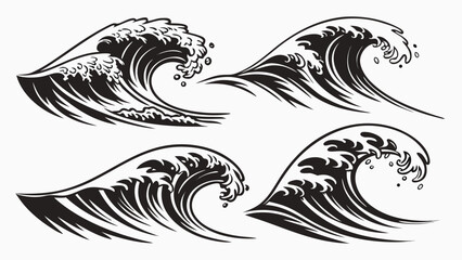Collection of four stylized black and white ocean waves in a japanese art style