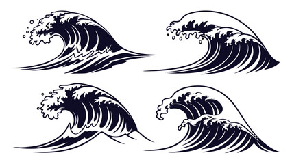 Collection of four stylized dark blue ocean waves with white background and foaming water