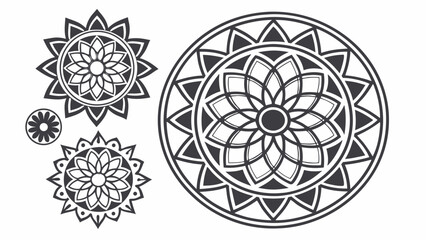 Collection of intricate black and white circular floral mandala designs on a white background