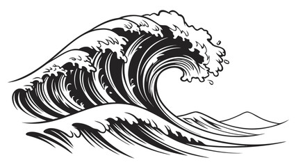 Dynamic black and white illustration of a powerful ocean wave crashing with foam and spray