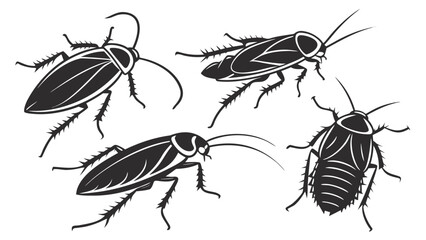 Four stylized black silhouette cockroaches viewed from above and side on white background