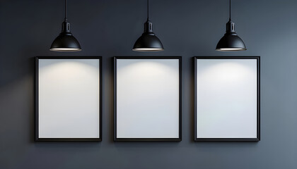 Blank white canvas on dark wall under three black pendant lights.