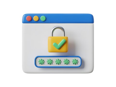 3D Render of Secure Website with Password Protection Shows a Padlock with Checkmark and Password Field Ready for Login