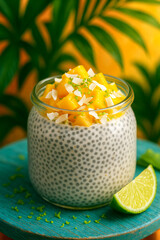 AI-Generated Tropical Chia Pudding - Glass jar presentation with mango, coconut, and lime zest for exotic superfood breakfast concept.