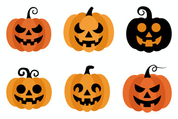 Various carved pumpkins with different expressions, ideal for Halloween