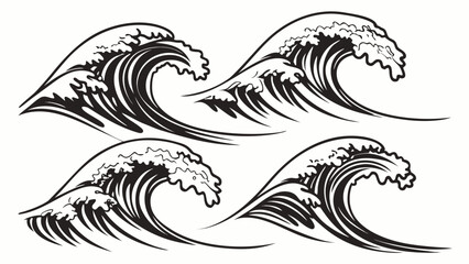 Stylized black and white illustrations of crashing ocean waves in a japanese art style