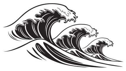 Stylized black and white illustration of three powerful ocean waves crashing against each other