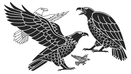 Stylized black eagles in various poses including flying and standing with open beaks