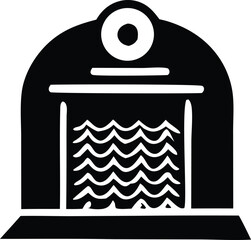 Stylized black and white illustration of a waterfall cascading into a pool within an arched structure