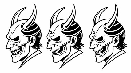 Three stylized black and white oni masks with sharp teeth and horns in profile view