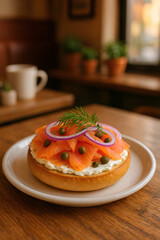 AI-Generated Smoked Salmon Bagel - Cafe-style everything bagel with cream cheese, capers, and red onion for New York deli experience.
