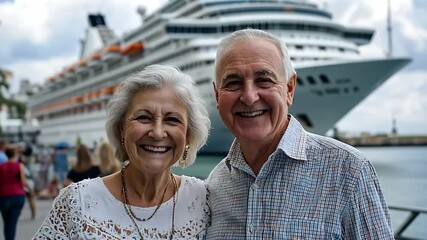 Senior Caucasian couple smiling at the camera, standing near a large cruise ship in the background. Bright day with people walking nearby. - Powered by Adobe