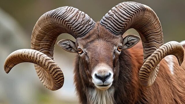 Urial closeup shows twisted horns and rugged texture.