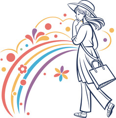 Young woman in a hat and dress walks past a vibrant colorful rainbow with floral accents Art & Illustration