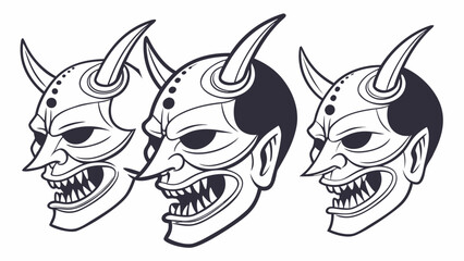 Three stylized japanese oni masks with sharp teeth and horns in a graphic illustration style