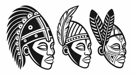 Three stylized tribal faces in profile wearing ornate headdresses with feathers and intricate patterns
