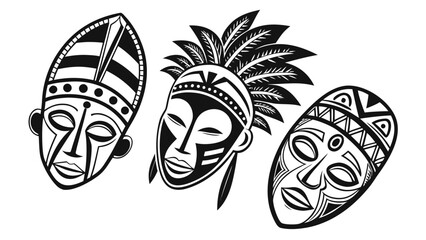 Three stylized tribal masks with intricate patterns and feather headdresses on a white background
