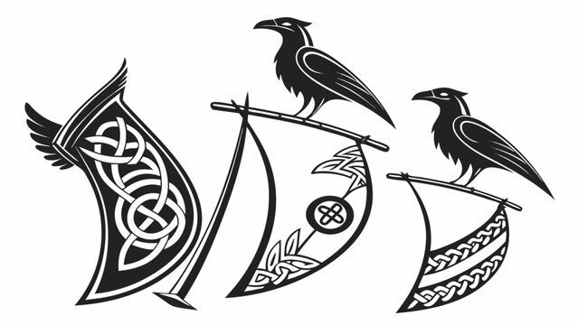 Three viking ravens perched on staffs holding ornate banners with celtic knotwork and tribal designs