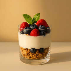 AI-Generated Yogurt Parfait - Layered glass presentation with granola and berries in golden hour lighting for minimalist health-conscious aesthetic.