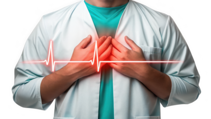 Medical professional with glowing red ECG heartbeat line isolated on transparent background. Healthcare worker and cardiac rhythm concept. Doctor and vital signs monitoring.