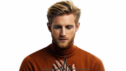 Man in turtleneck clasping chest isolated on transparent background. Close-up portrait of bearded man with blonde hair. Modern professional headshot on clean background.