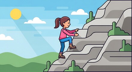 Illustration of girl climbing mountain adventure outdoor activity vector graphic design template