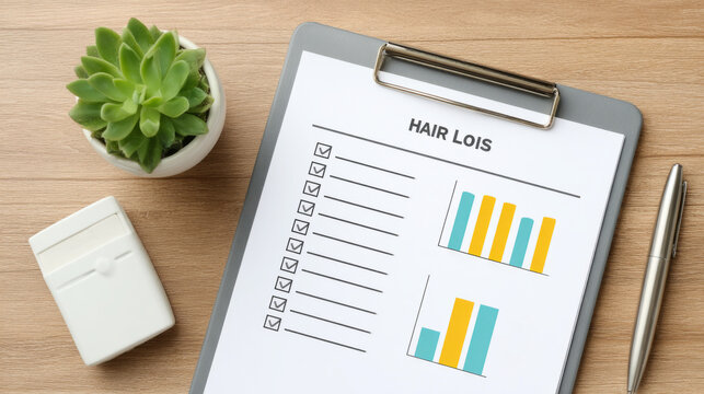 Hair loss diagnosis and treatment overview with dermatologist's chart on clipboard