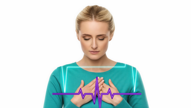 Serene woman with glowing neon blue ECG line isolated on transparent background. Peaceful contemplation and heart rhythm concept. Modern spiritual health illustration.