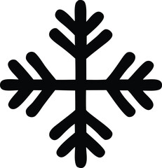 A stark black silhouette of a stylized snowflake featuring six symmetrical arms each branching into three distinct points against a pure white background
