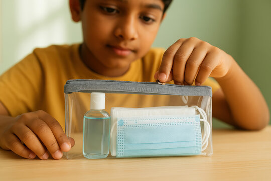 Young boy preparing a clear pouch with face masks and hand sanitizer, focusing on personal hygiene and safety essentials