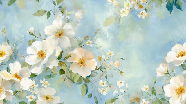 Dreamy Hand-Painted Blue Floral Canvas with Blossoms and Leaves for Elegant Background Video