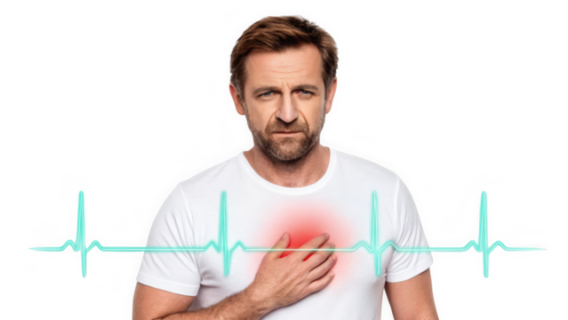 Bearded man with chest pain and teal ECG graphic isolated on transparent background. Medical concept for heart condition and vital signs. Concerned man with glowing red chest.